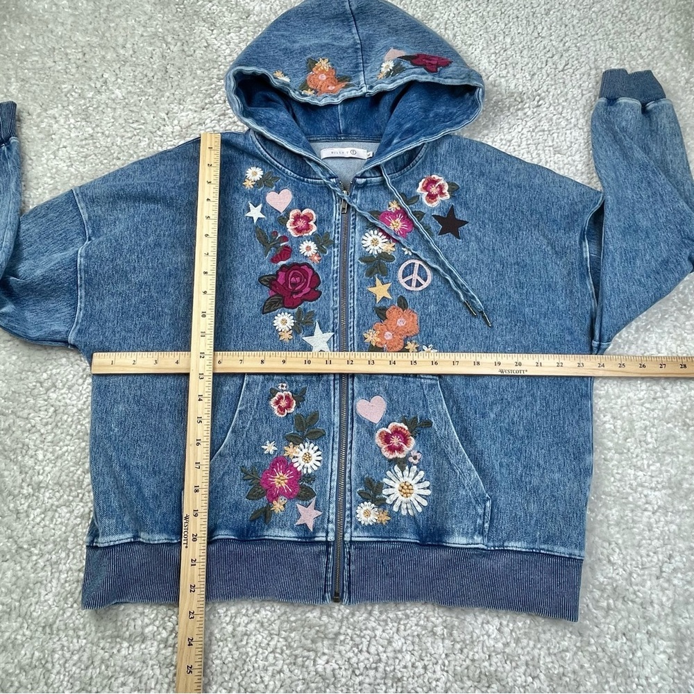 Billy T Camp Happy Hoodie Embroidered Peace Sign Floral Flowers Denim XL - Picture 12 of 13